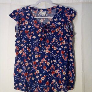 Liz Claiborne Blouse Women S Short Sleeve Lace Up Detail Floral Blue Red